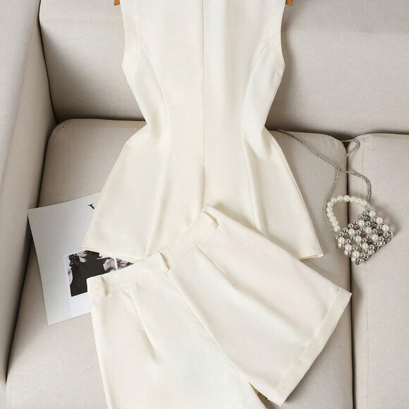 Apricot Elegant Women's Plain Color Blazer, Vest And Shorts Set - Picture 2 of 8